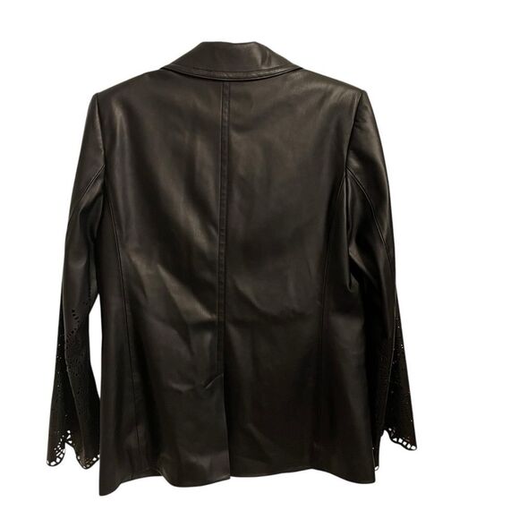 Maeve by Anthropologie Black Faux Leather Laser Cutout Bell Sleeve Blazer Size 8 - Picture 5 of 8